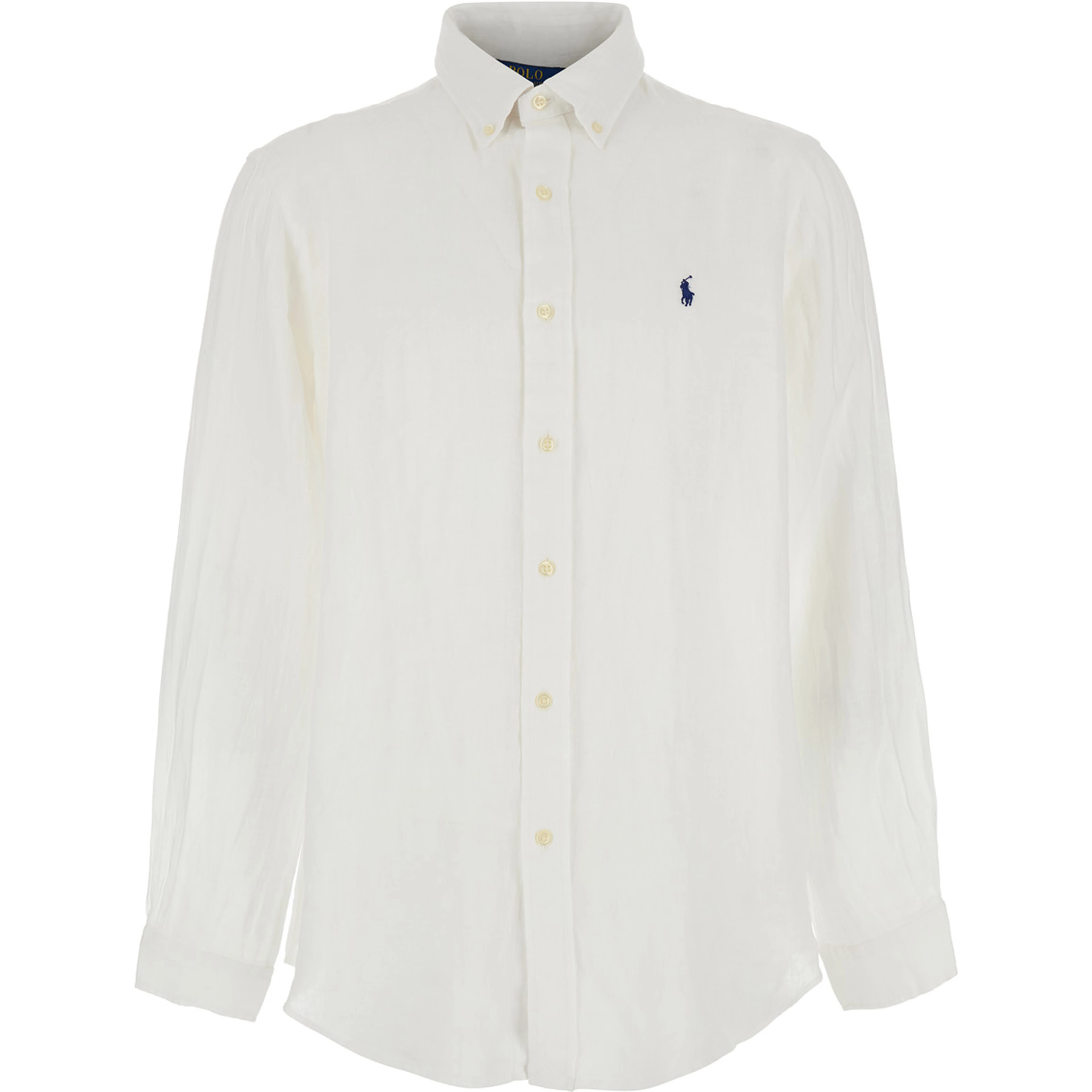 Custom-Fit White Shirt with Button-Down Collar and Logo on the Front in Linen Man