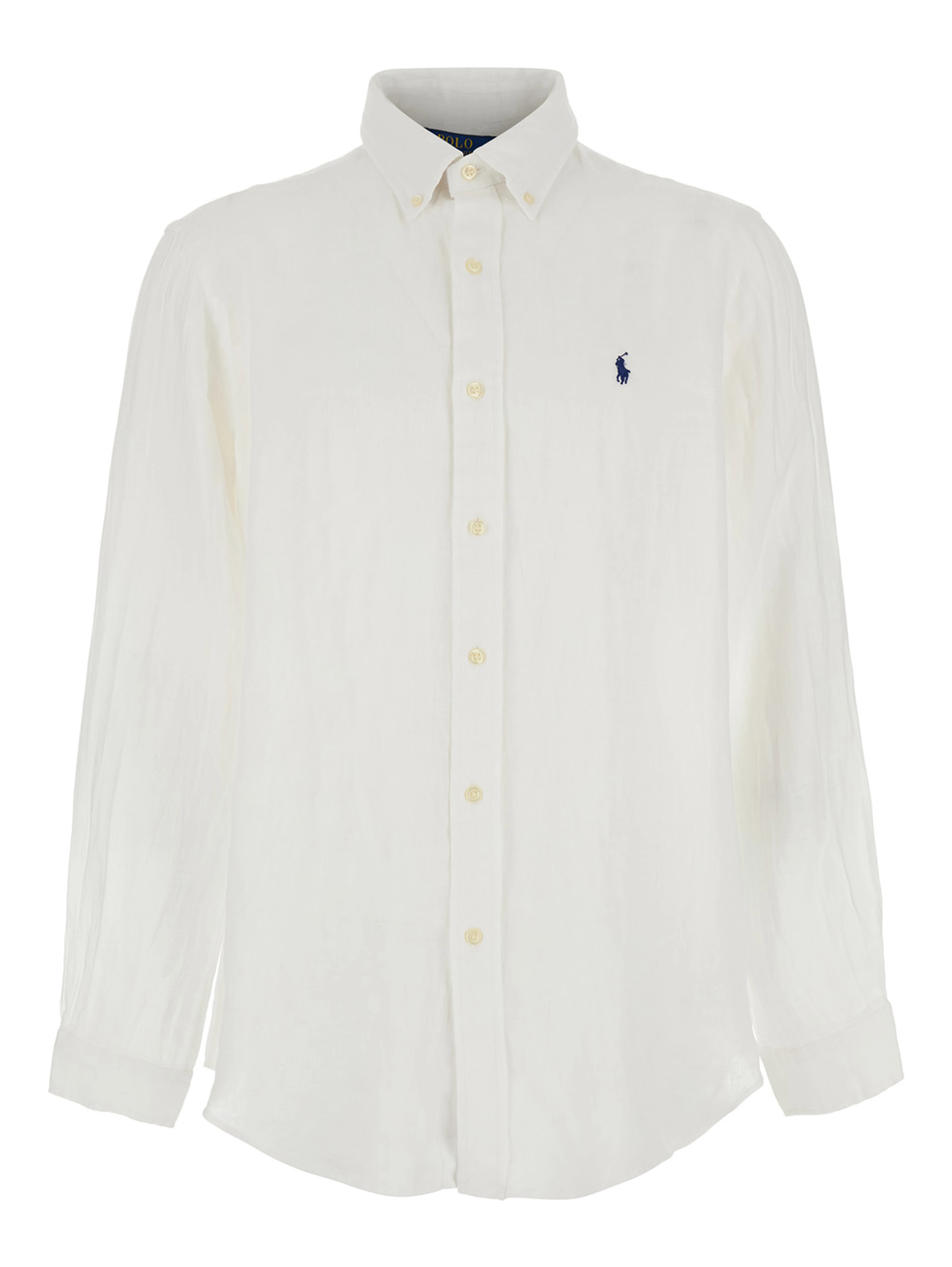 Custom-Fit White Shirt with Button-Down Collar and Logo on the Front in Linen Man