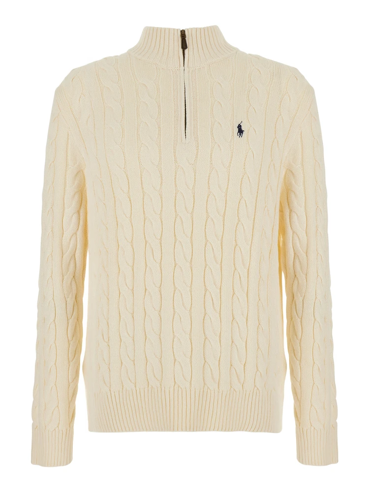 White High Neck Sweater with Half Zip on the Front and Pony on the Front in Cotton for Men