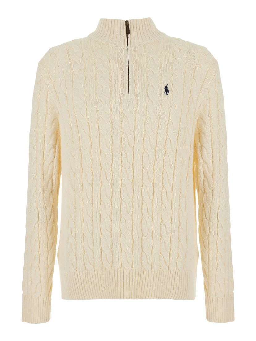 White High Neck Sweater with Half Zip on the Front and Pony on the Front in Cotton for Men