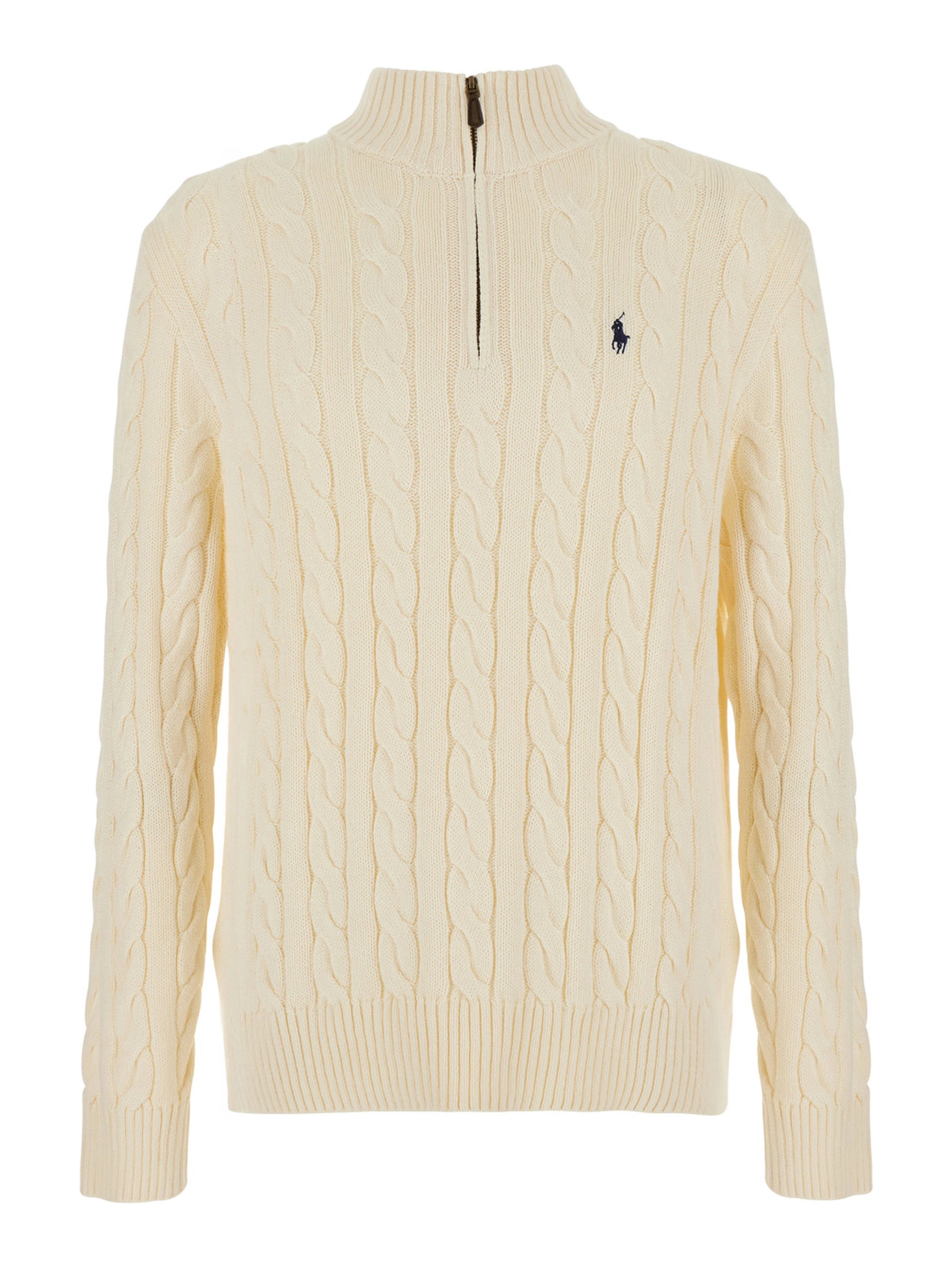 White High Neck Sweater with Half Zip on the Front and Pony on the Front in Cotton for Men