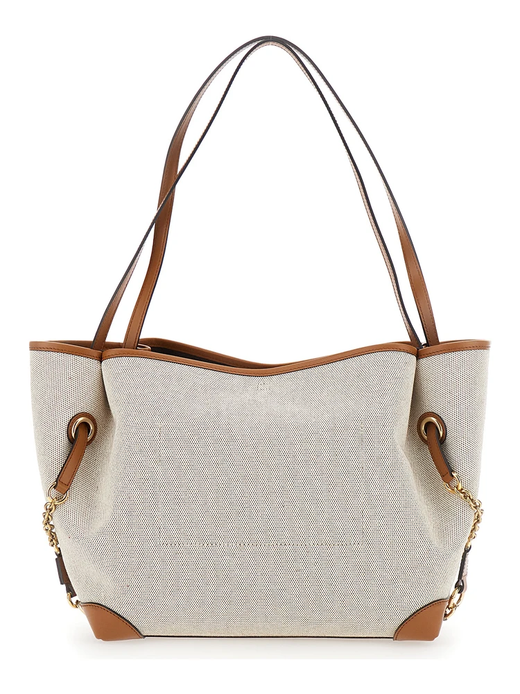 Shopper Bag Clover with Logo Lettering on the Front and Magnetic Closure in Brown Cotton for Women alternative