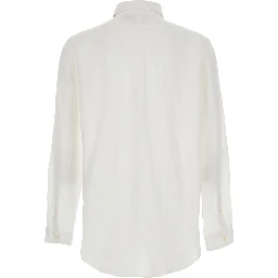 Custom-Fit White Shirt with Button-Down Collar and Logo on the Front in Linen Man