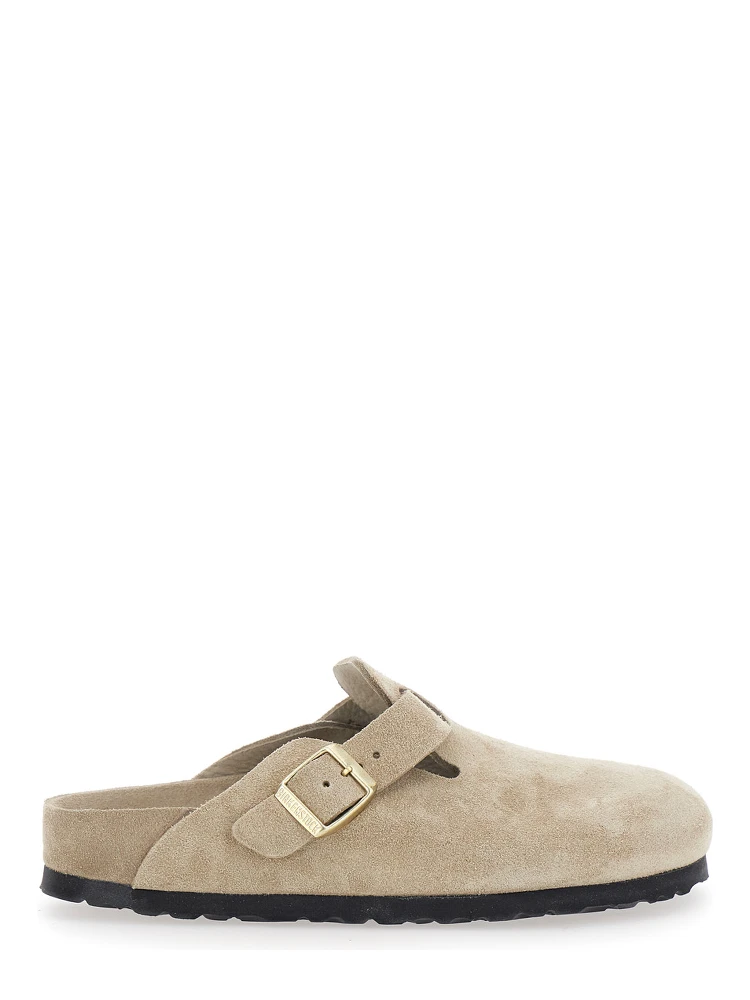 Mule Boston with Buckle Closure and Rounded Toe in Beige Suede for Women