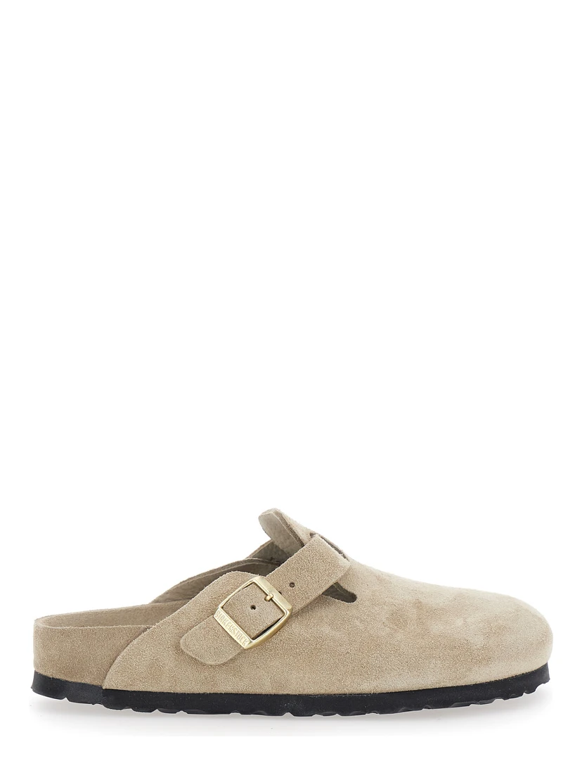 Mule Boston with Buckle Closure and Rounded Toe in Beige Suede for Women