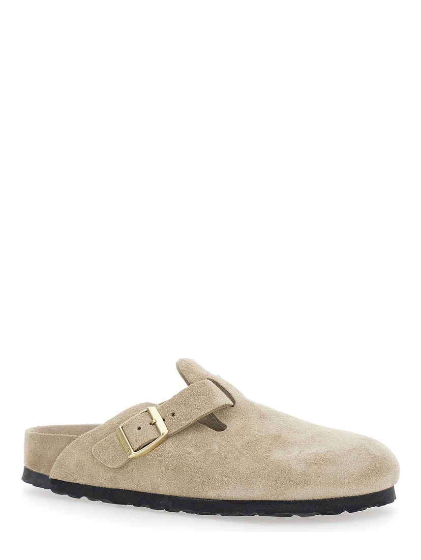 Mule Boston with Buckle Closure and Rounded Toe in Beige Suede for Women
