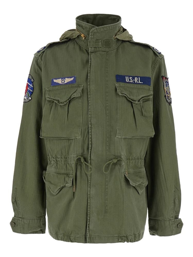 Jacket with Patches Applied on the Front and Sleeves in Green Cotton for Men