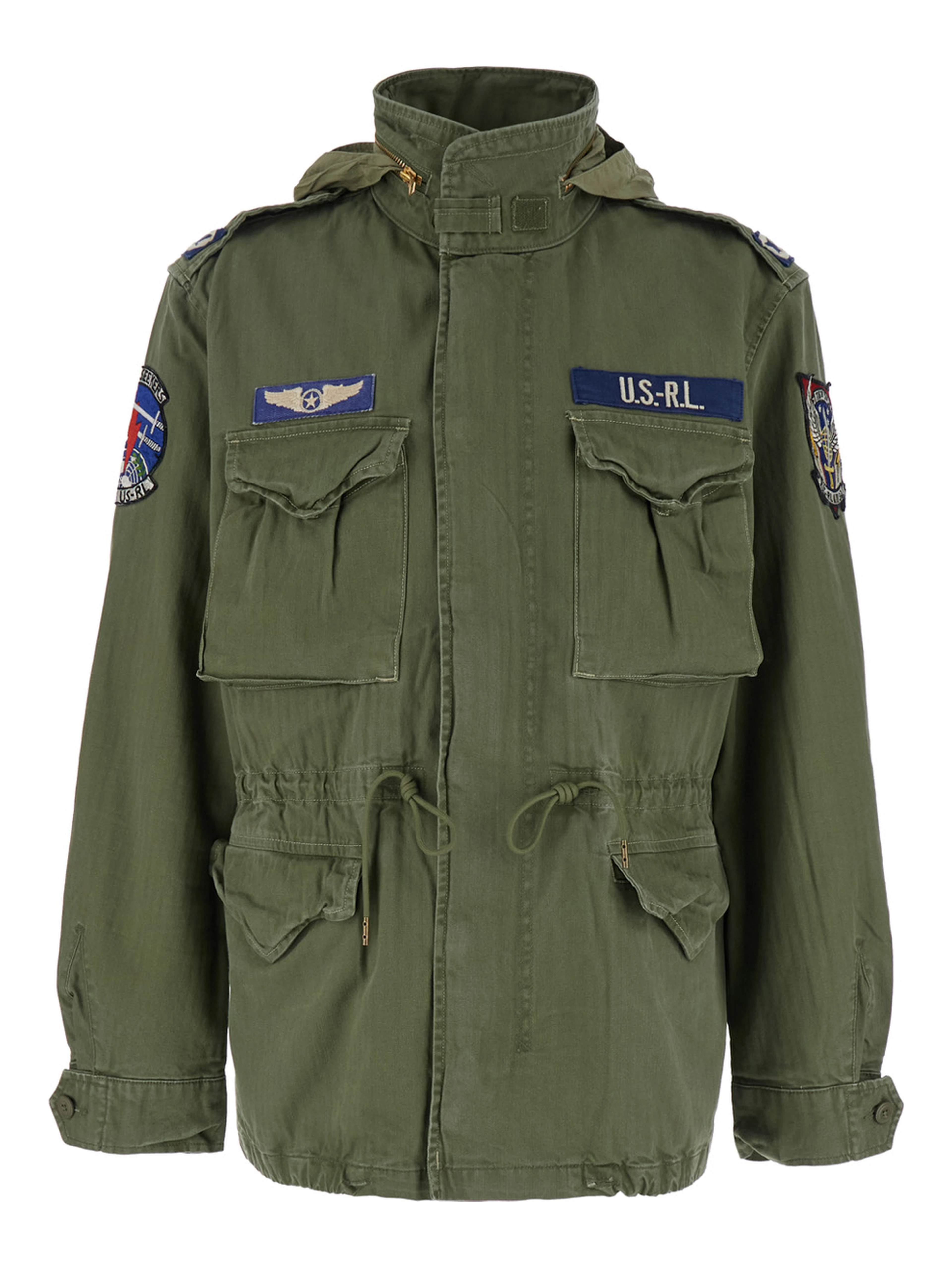 Jacket with Patches Applied on the Front and Sleeves in Green Cotton for Men