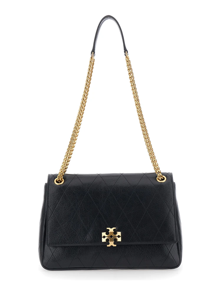 Crossbody bag Charlie with chain strap and logo plaque on the front in black quilted leather for women