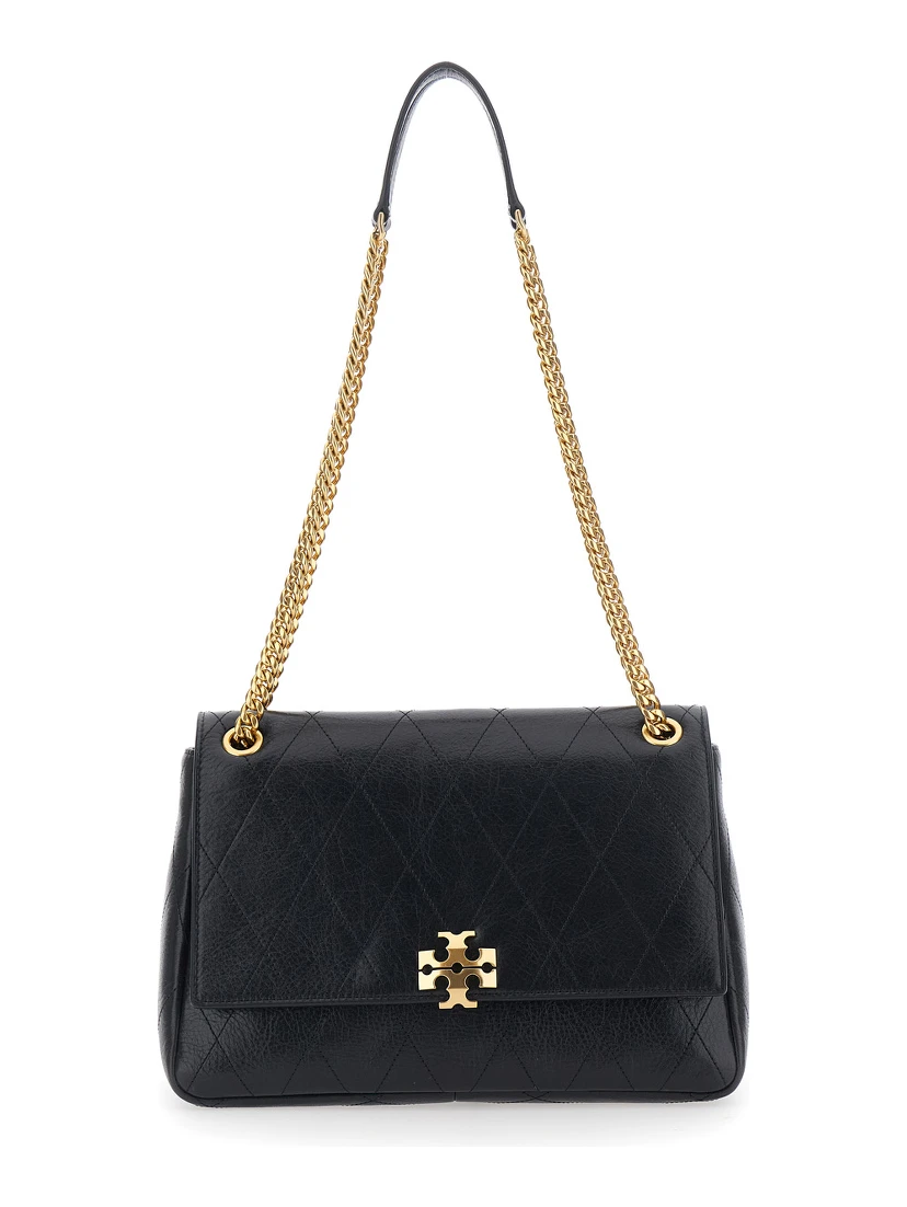 Crossbody bag Charlie with chain strap and logo plaque on the front in black quilted leather for women