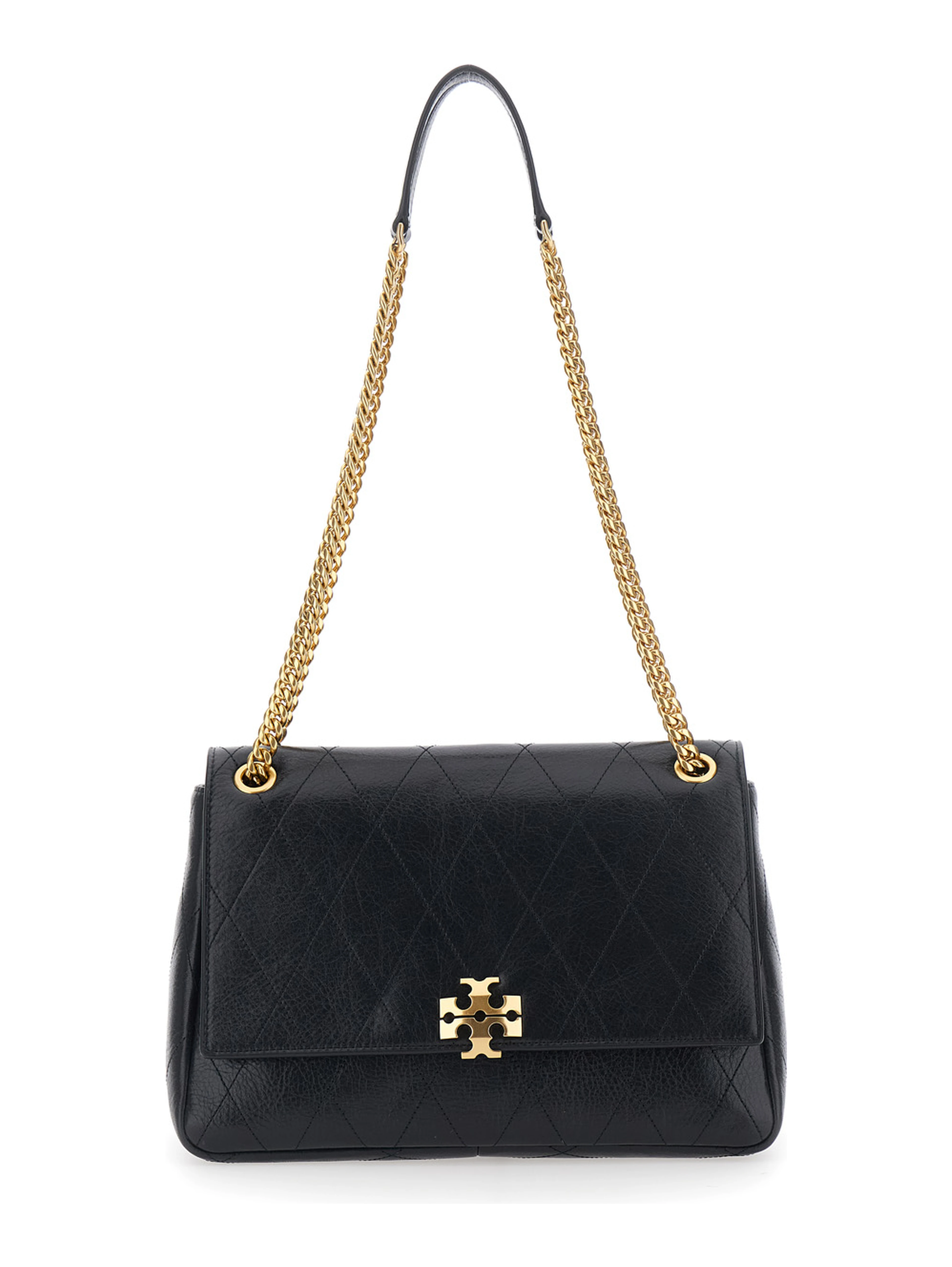 Crossbody bag Charlie with chain strap and logo plaque on the front in black quilted leather for women