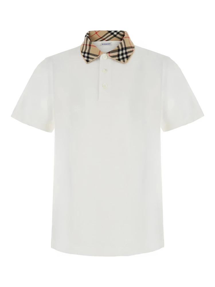 Polo Shirt EVAN with Check motif collar in white cotton for men