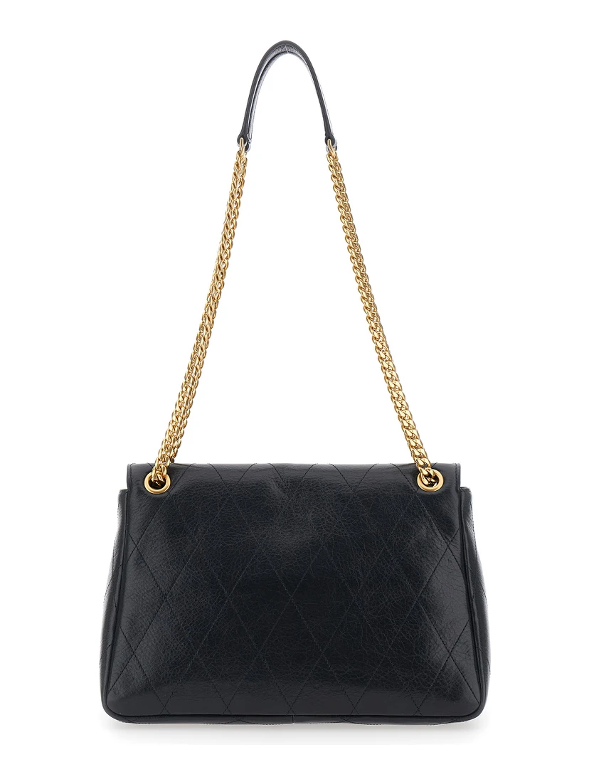 Crossbody bag Charlie with chain strap and logo plaque on the front in black quilted leather for women