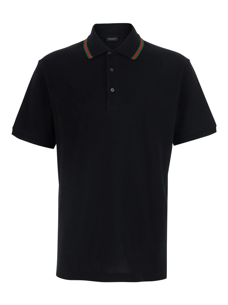 Polo Shirt with Web Collar and Short Sleeves in Black Cotton for Men