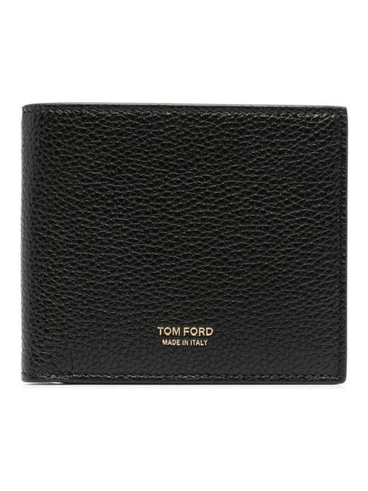 Black Grained Leather Gold Embossed Logo Bi-Fold Wallet for Men