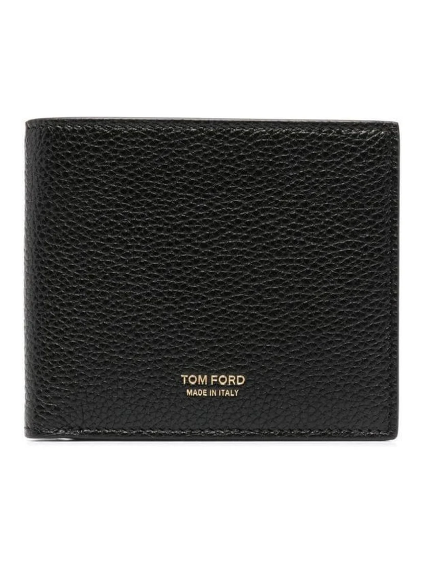 Black Grained Leather Gold Embossed Logo Bi-Fold Wallet for Men