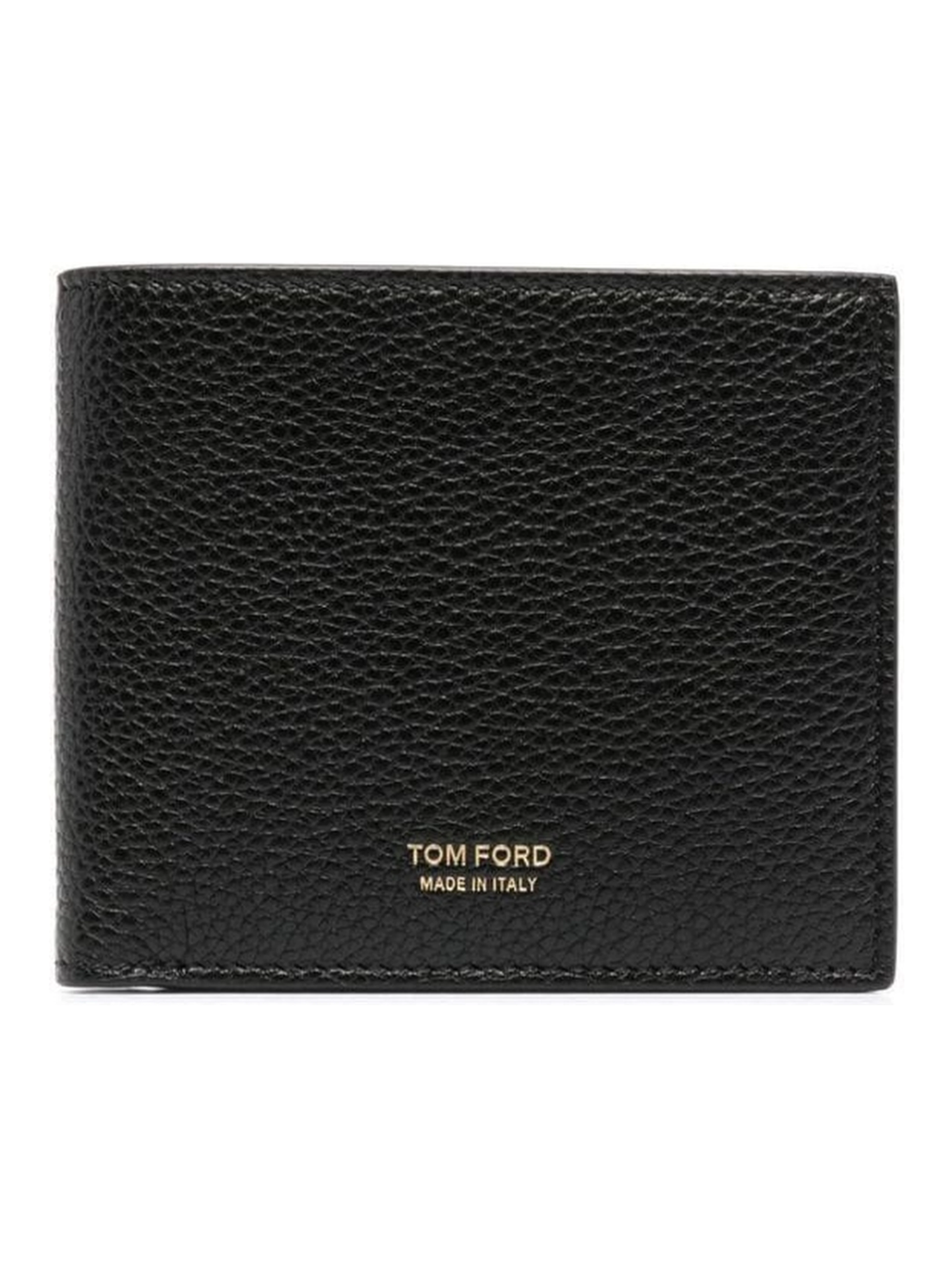 Black Grained Leather Gold Embossed Logo Bi-Fold Wallet for Men