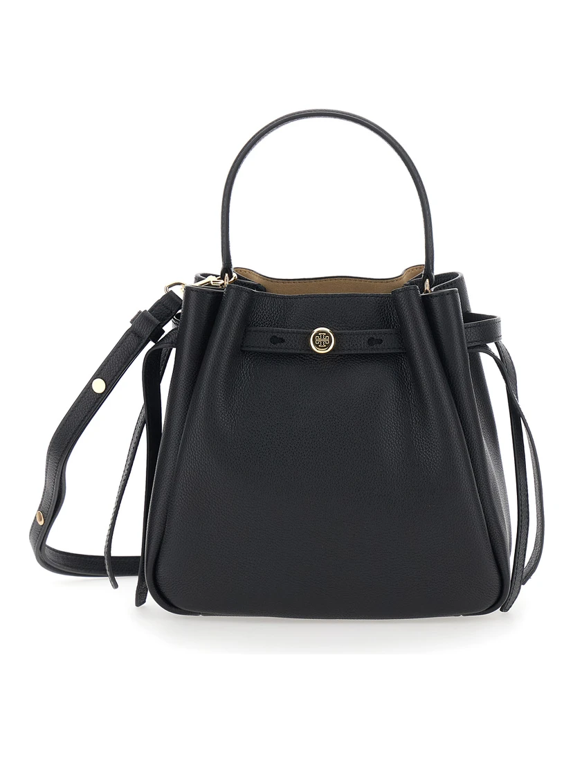 Bucket Bag Romy with Adjustable Shoulder Strap and Logo Plate on Front in Grained Black Leather for Women