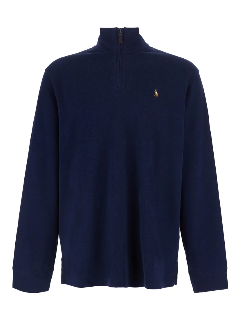 Blue Sweatshirt with Half Zip Closure on the Front and Pony on the Front in Cotton for Men