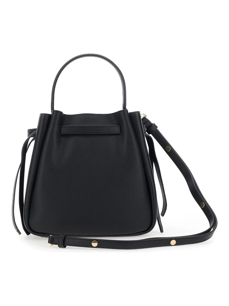 Bucket Bag Romy with Adjustable Shoulder Strap and Logo Plate on Front in Grained Black Leather for Women alternative