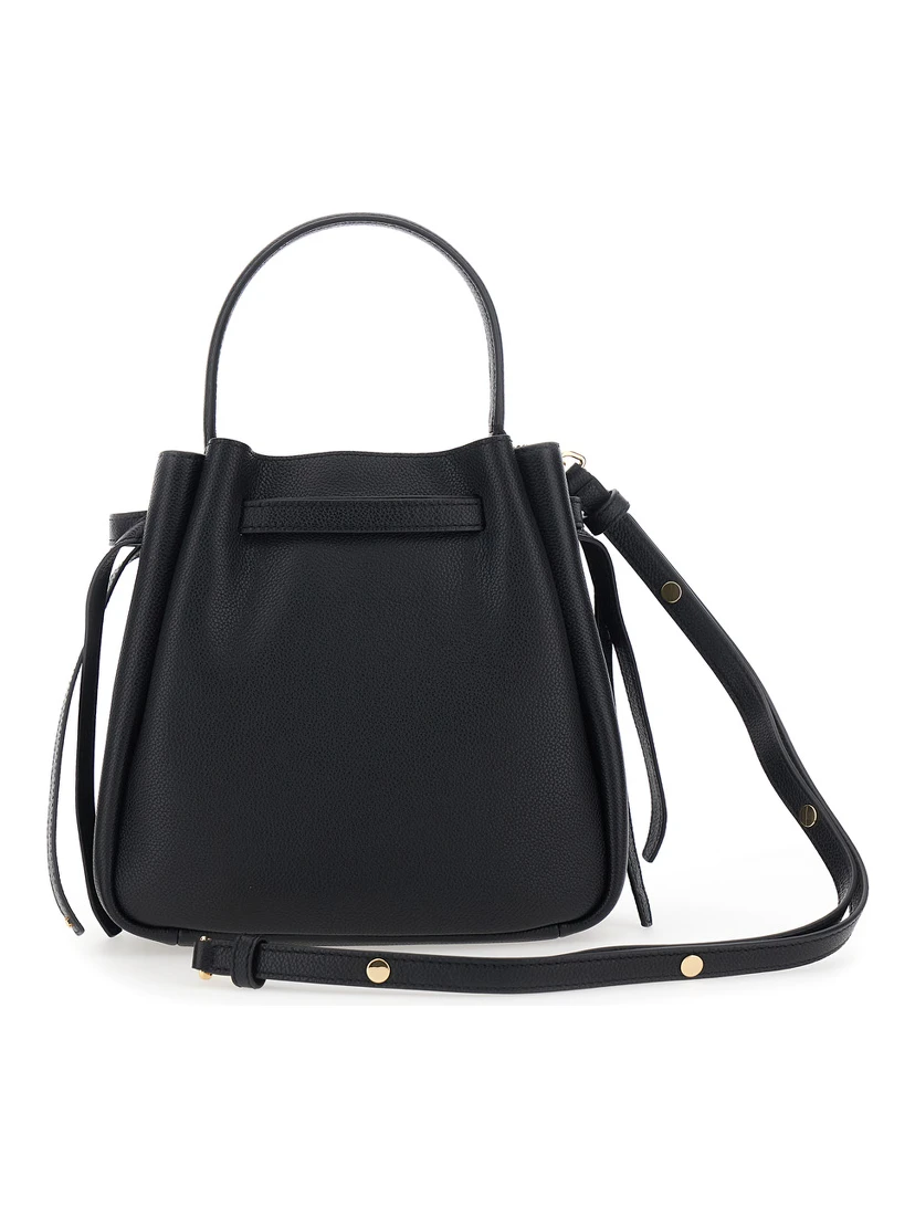 Bucket Bag Romy with Adjustable Shoulder Strap and Logo Plate on Front in Grained Black Leather for Women