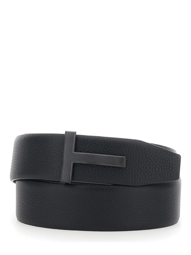 Belt Icon T with T buckle in grained black leather for men