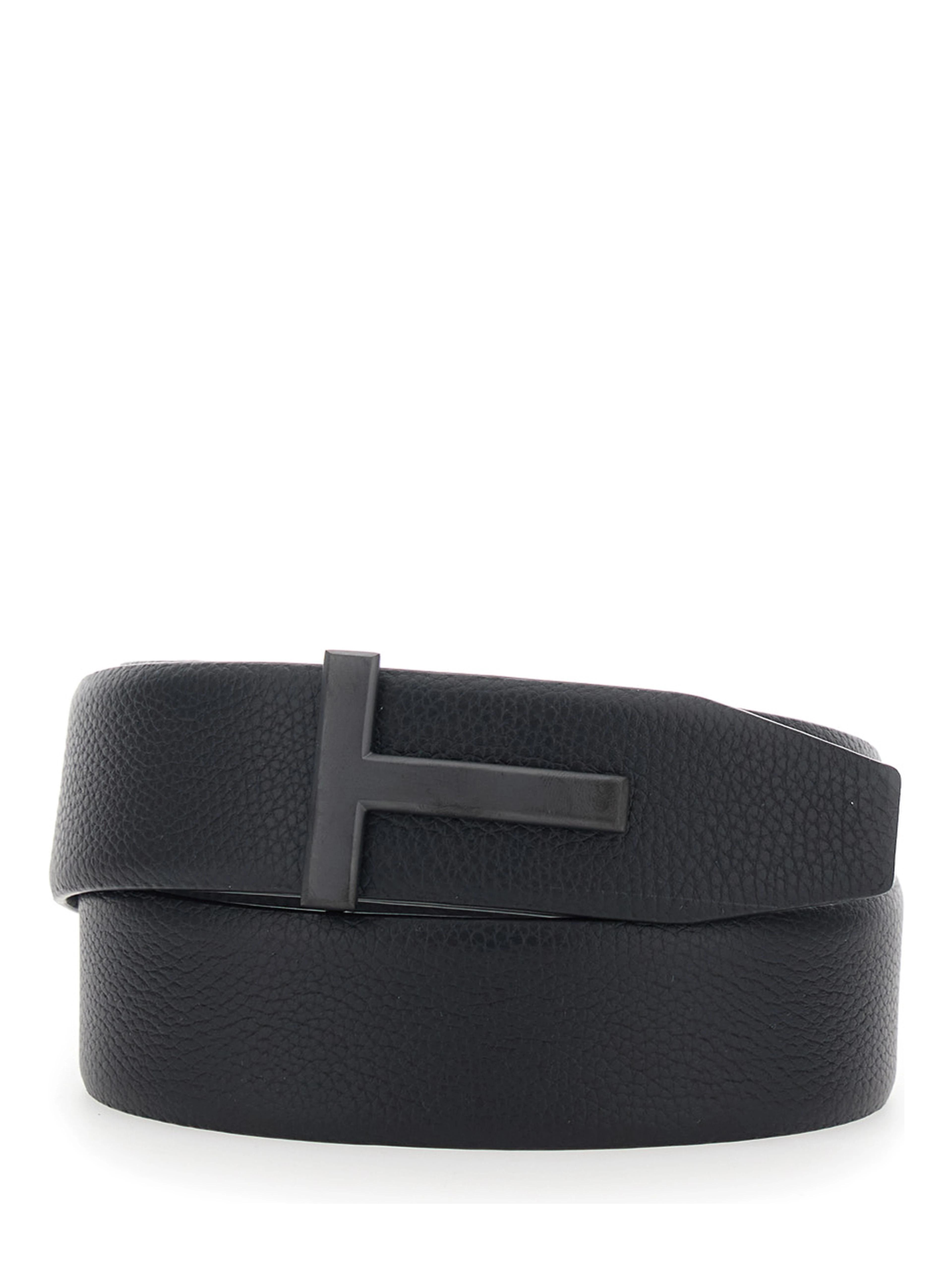 Belt Icon T with T buckle in grained black leather for men