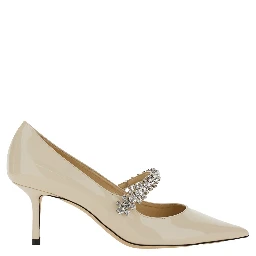 Pumps Bing with Crystal Decoration and High Cone Heel in White Glossy Leather for Women