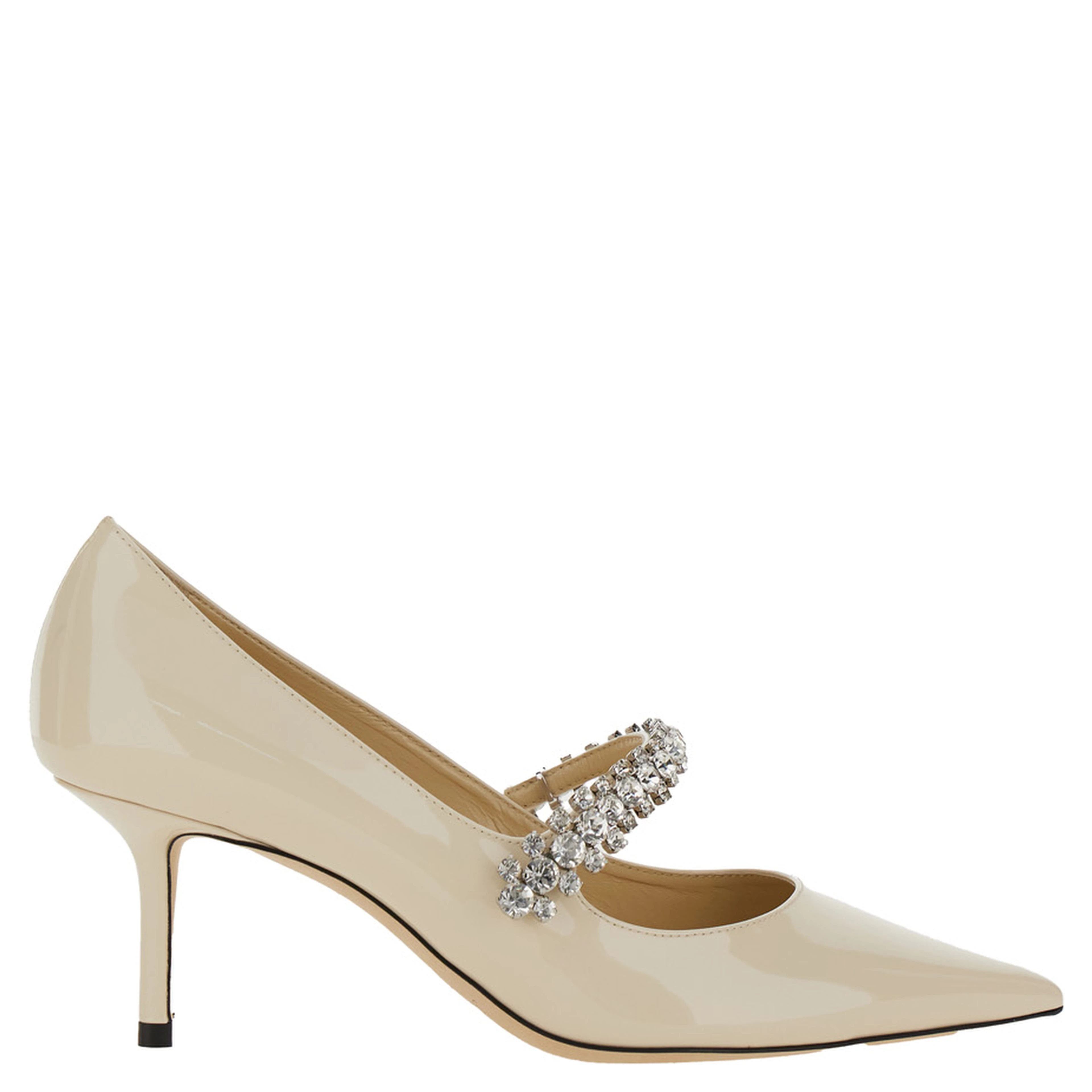 Pumps Bing with Crystal Decoration and High Cone Heel in White Glossy Leather for Women