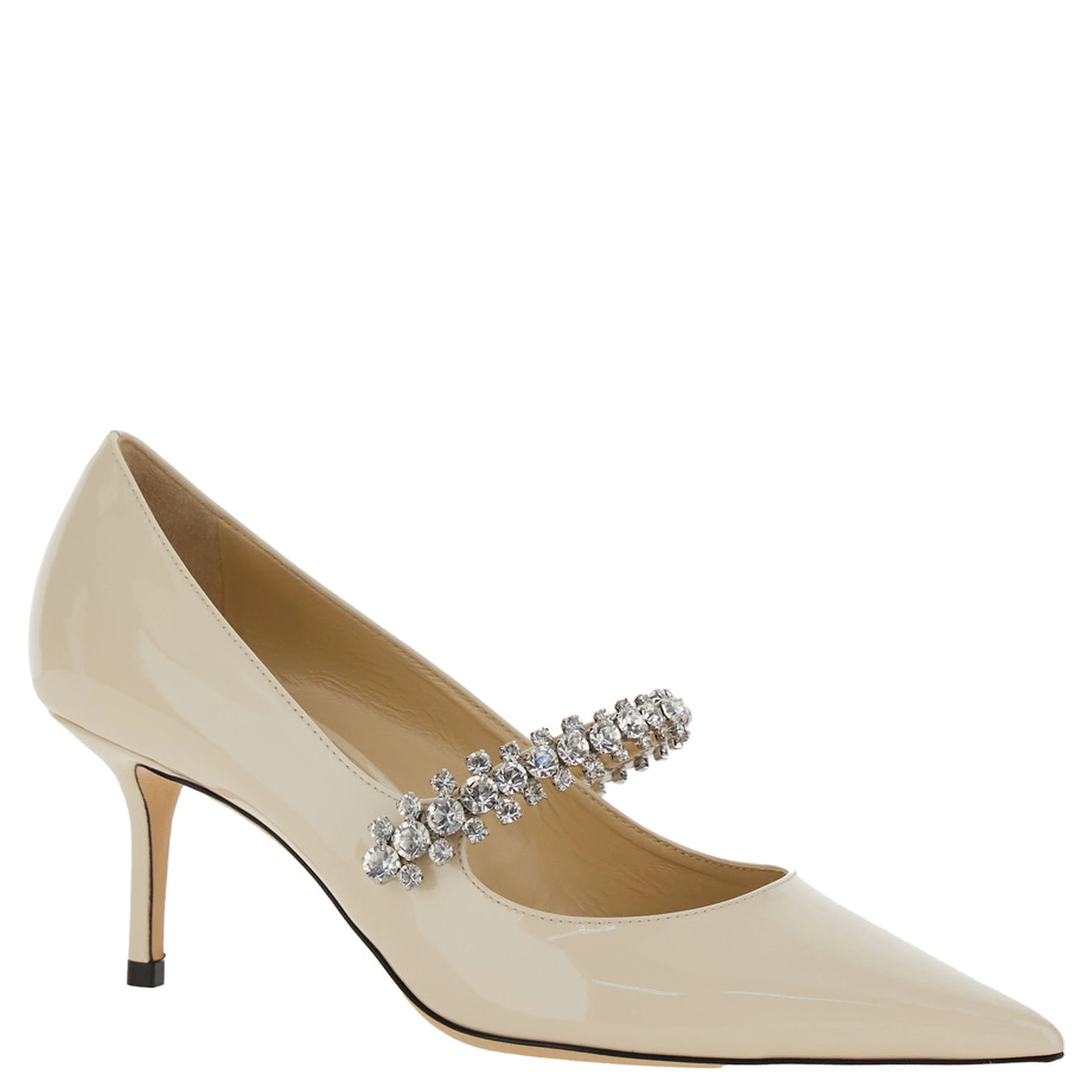 Pumps Bing with Crystal Decoration and High Cone Heel in White Glossy Leather for Women