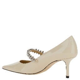 Pumps Bing with Crystal Decoration and High Cone Heel in White Glossy Leather for Women
