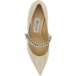 Pumps Bing with Crystal Decoration and High Cone Heel in White Glossy Leather for Women