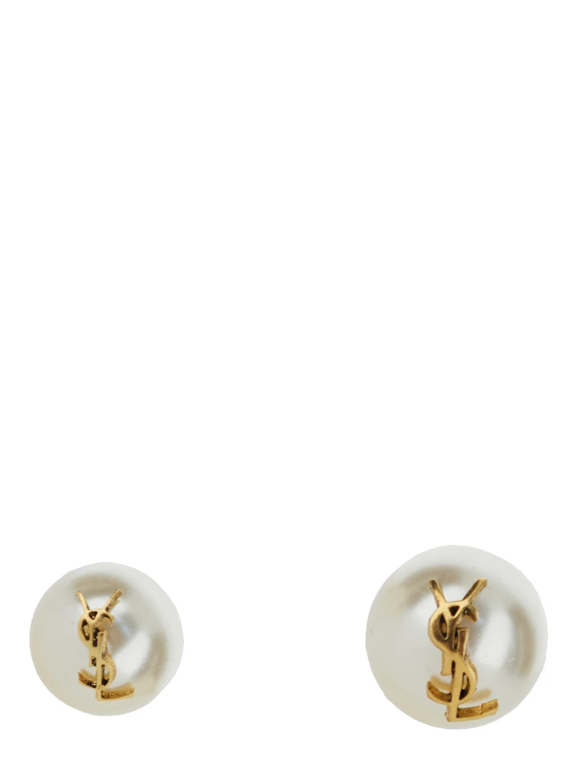 Asymmetric earrings with a large pearl and a small one in Metal with YSL Logo
