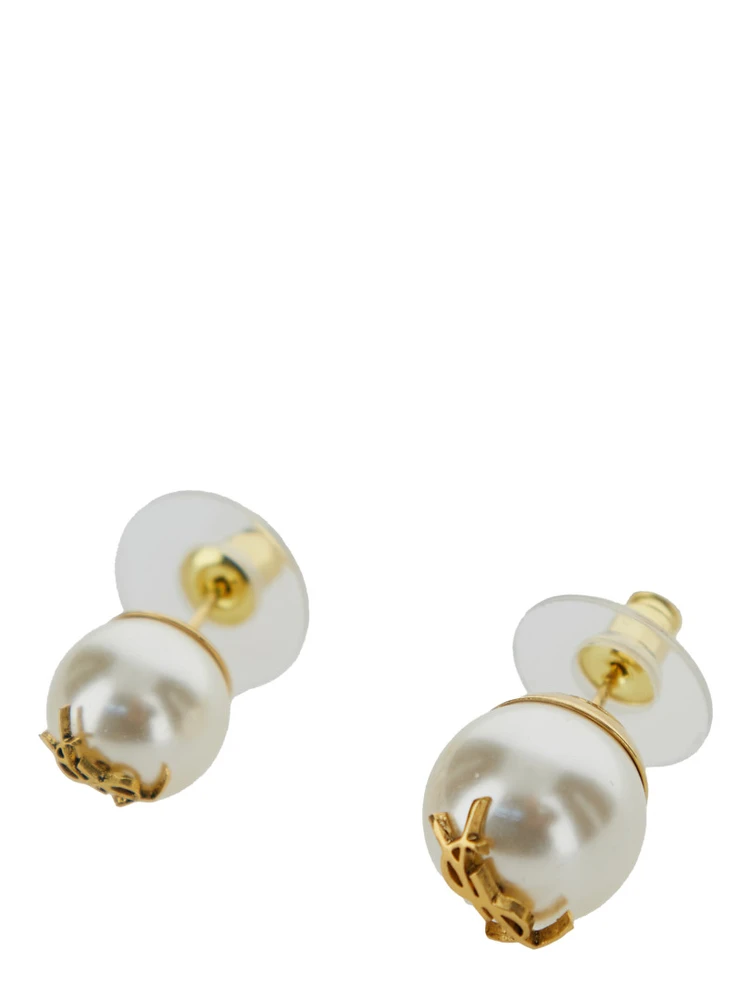 Asymmetric earrings with a large pearl and a small one in Metal with YSL Logo alternative