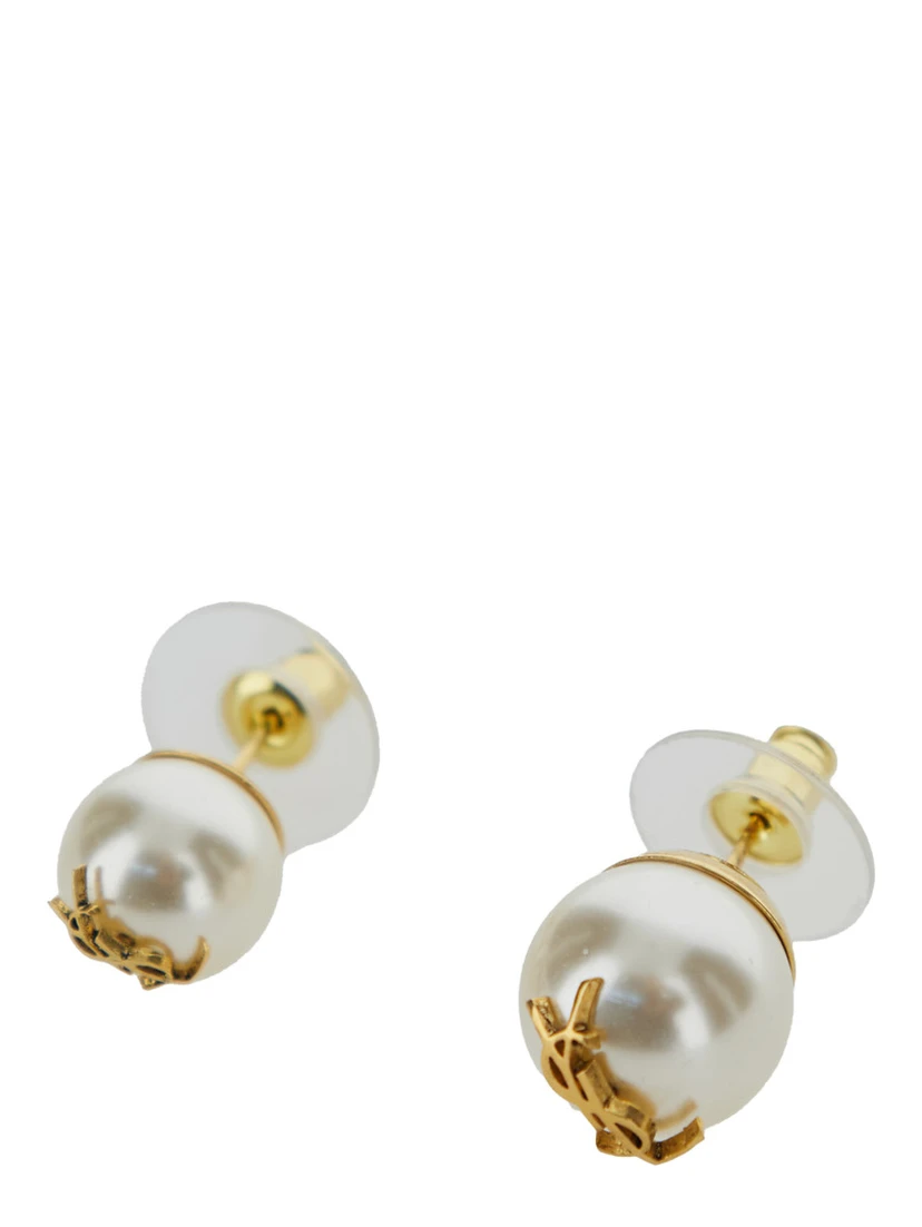 Asymmetric earrings with a large pearl and a small one in Metal with YSL Logo