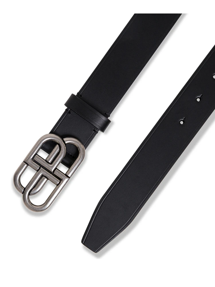 Black Leather Belt with BB Buckle for Men