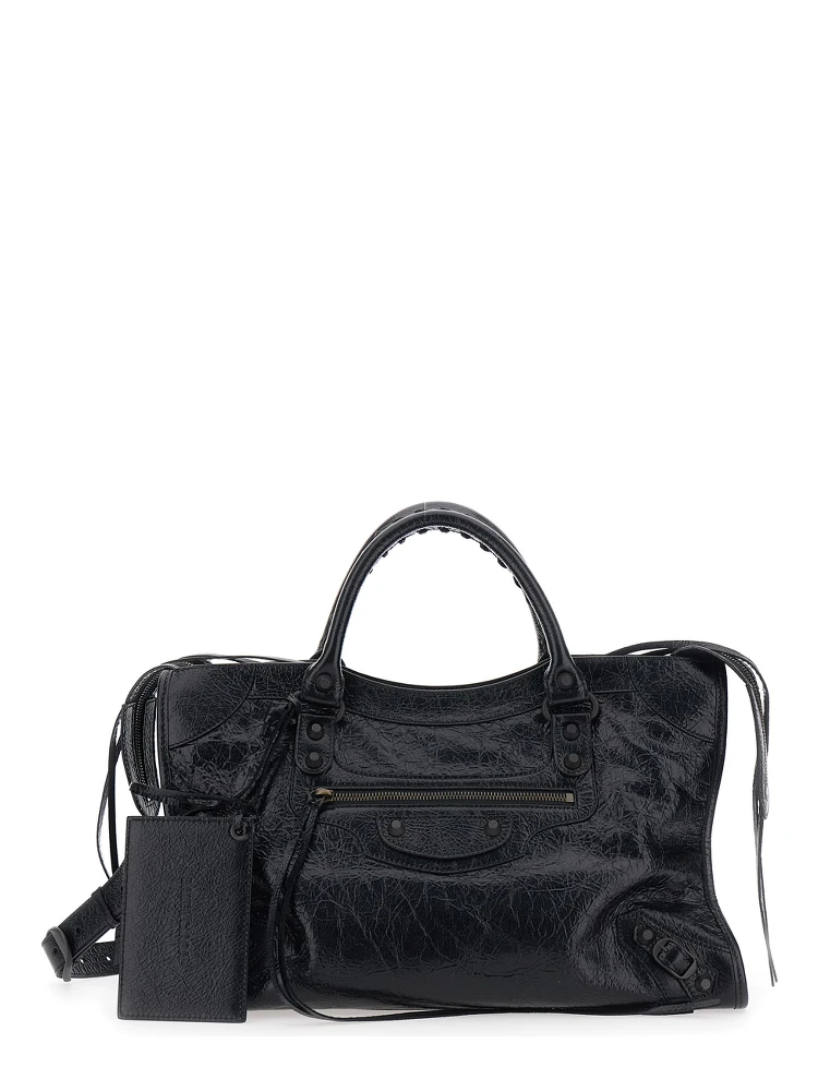 Le City Bag Black Medium Handbag with Adjustable and Removable Shoulder Strap and Removable Mirror with Logo in Leather for Women