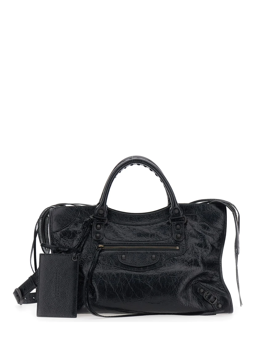 Le City Bag Black Medium Handbag with Adjustable and Removable Shoulder Strap and Removable Mirror with Logo in Leather for Women