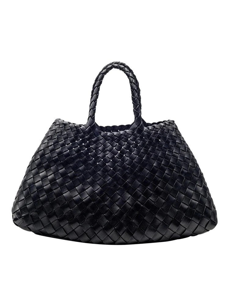 Handbag Santa Croce with Two Top Handles and Woven Design in Black Leather for Women