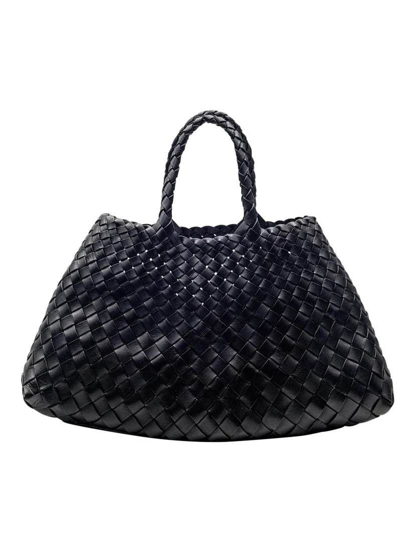 Handbag Santa Croce with Two Top Handles and Woven Design in Black Leather for Women