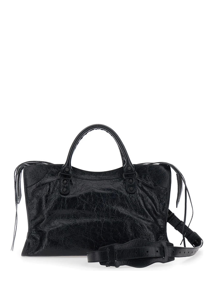 Le City Bag Black Medium Handbag with Adjustable and Removable Shoulder Strap and Removable Mirror with Logo in Leather for Women
