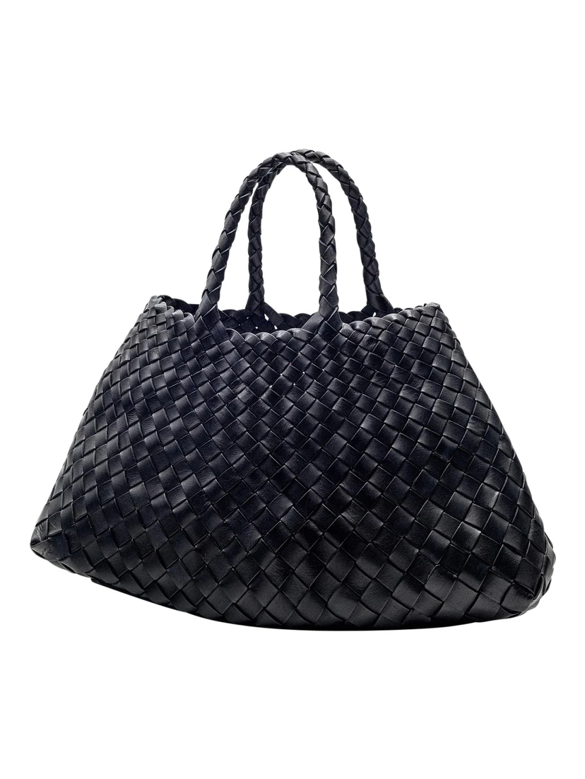 Handbag Santa Croce with Two Top Handles and Woven Design in Black Leather for Women
