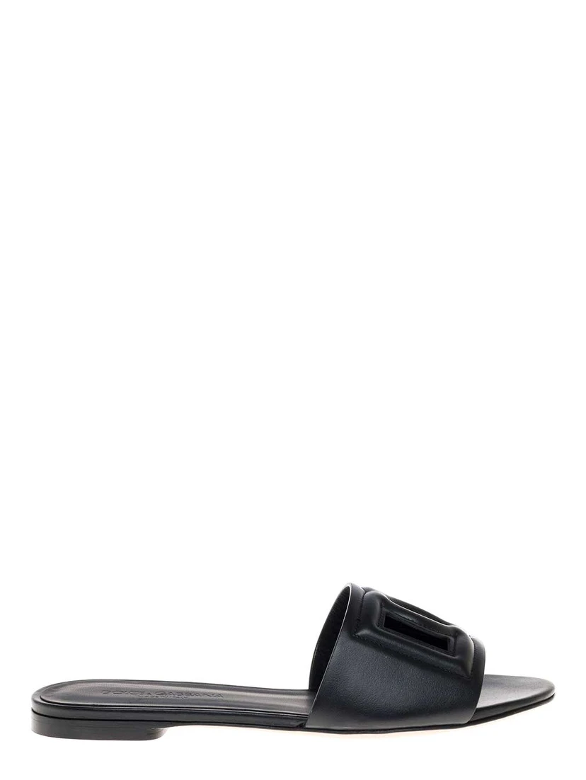 Black Leather Cut-Out Detail Slip-On Sandals for Women