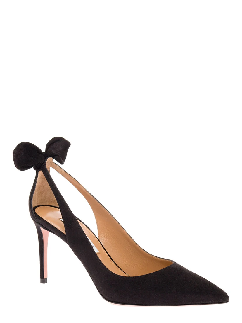 Black Suede Pointed Toe Pumps with Bow Detail and High Stiletto Heel for Women