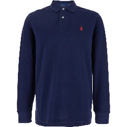 Polo Shirt "Custom Slim Fit" with Classic Collar and Embroidered Pony on Front in Blue Cotton for Men