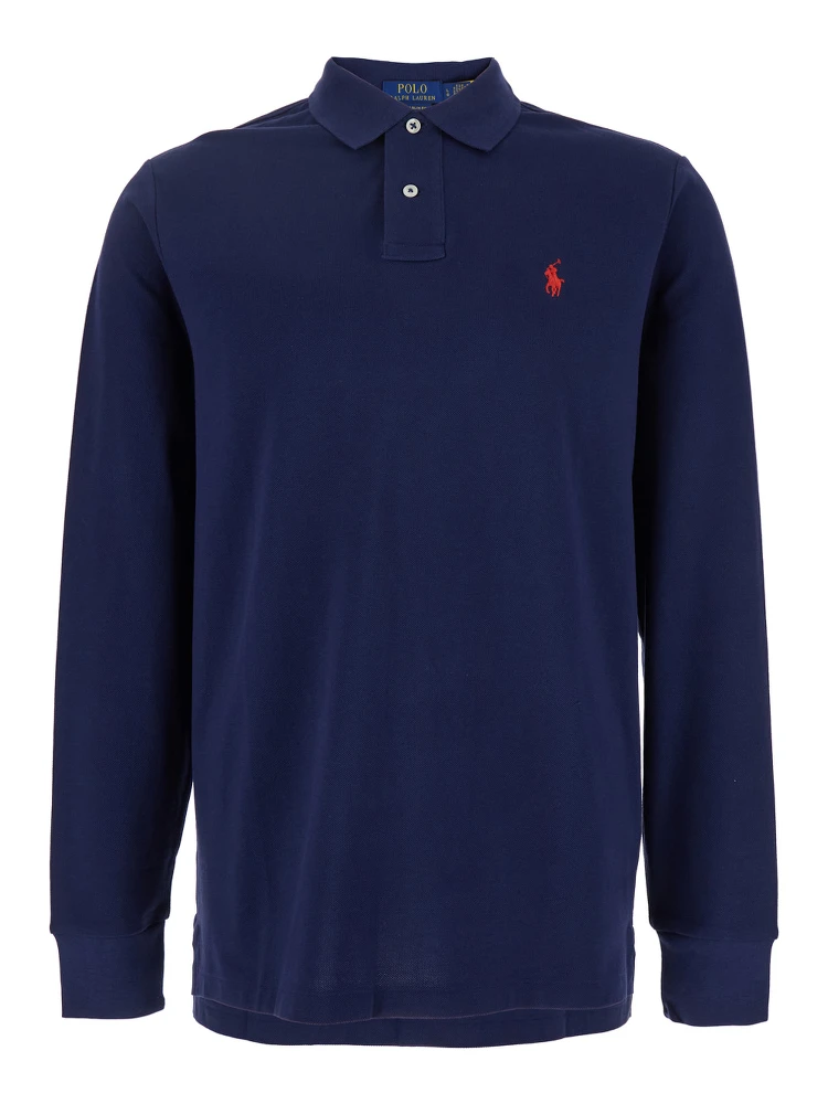 Polo Shirt "Custom Slim Fit" with Classic Collar and Embroidered Pony on Front in Blue Cotton for Men