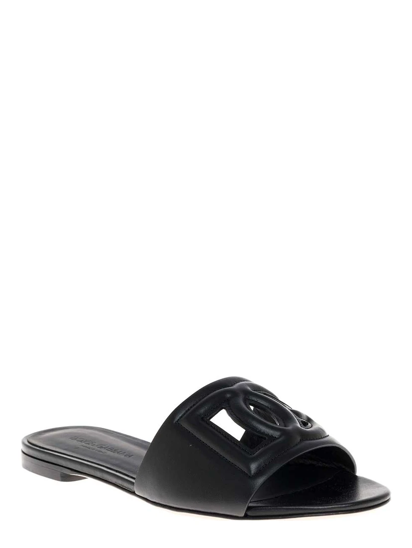 Black Leather Cut-Out Detail Slip-On Sandals for Women