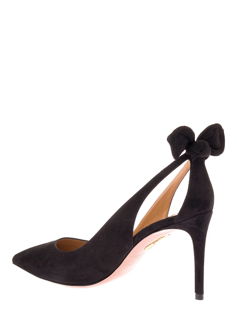 Black Suede Pointed Toe Pumps with Bow Detail and High Stiletto Heel for Women