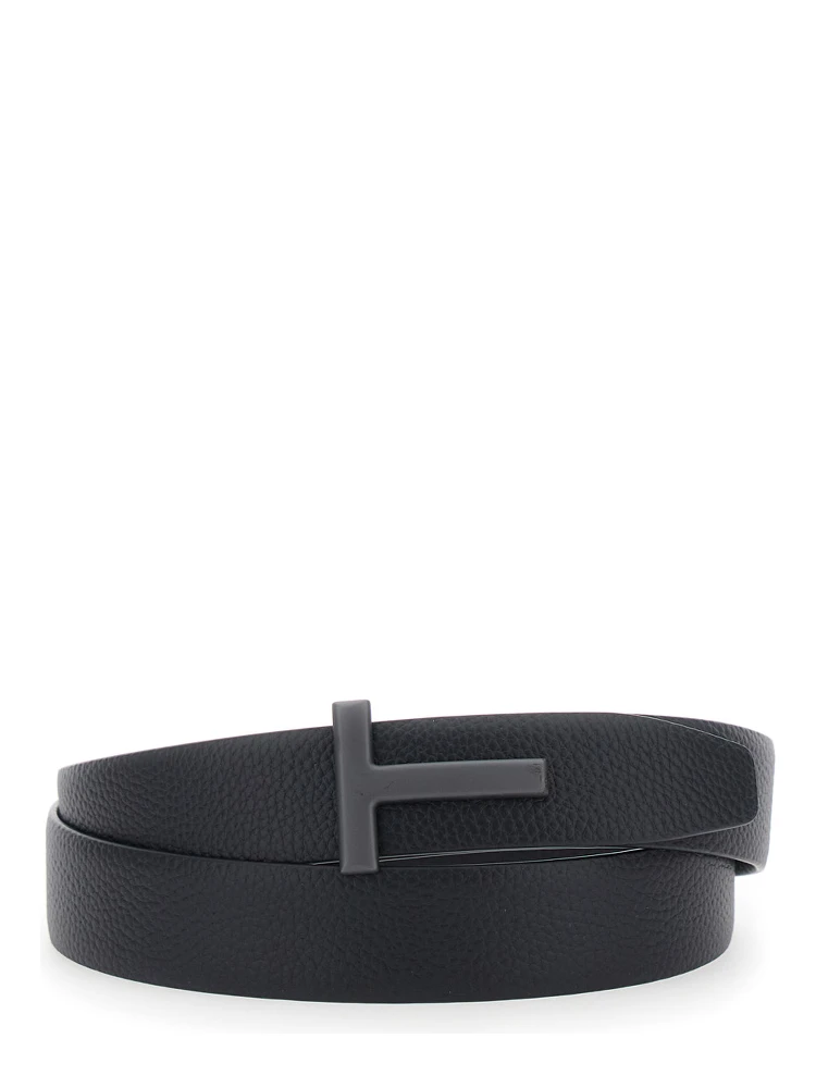 Belt with T Buckle Closure in Black Leather for Men