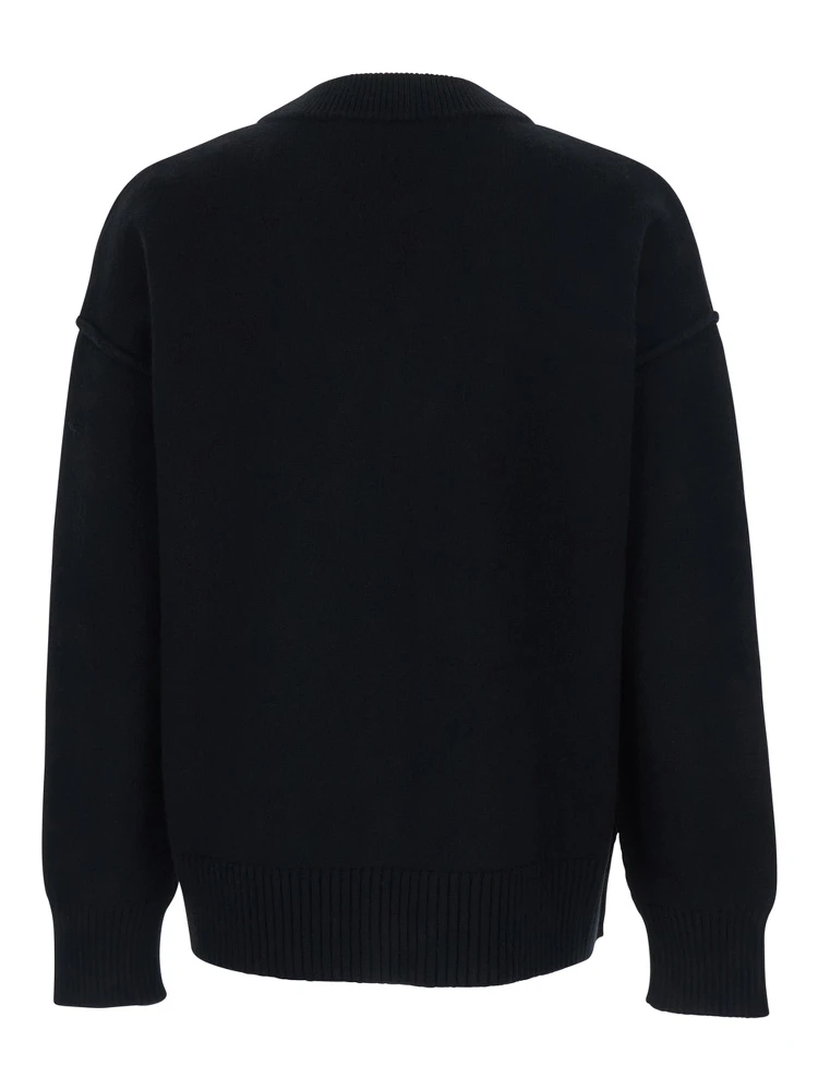 Cardigan with V-Neck and ADC Embroidery on the Front in Black Wool for Men